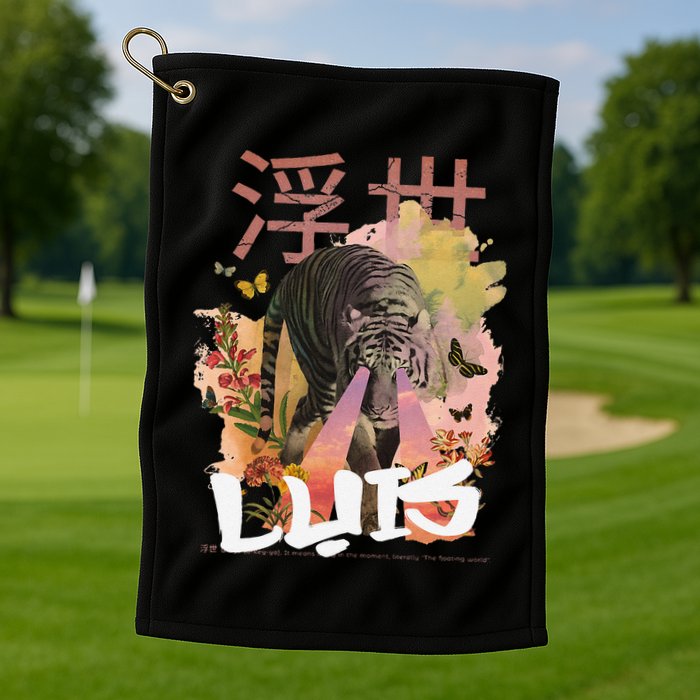 Luis Cute Boy Name With Cool Japanese Tiger & Kanji Golf Towel