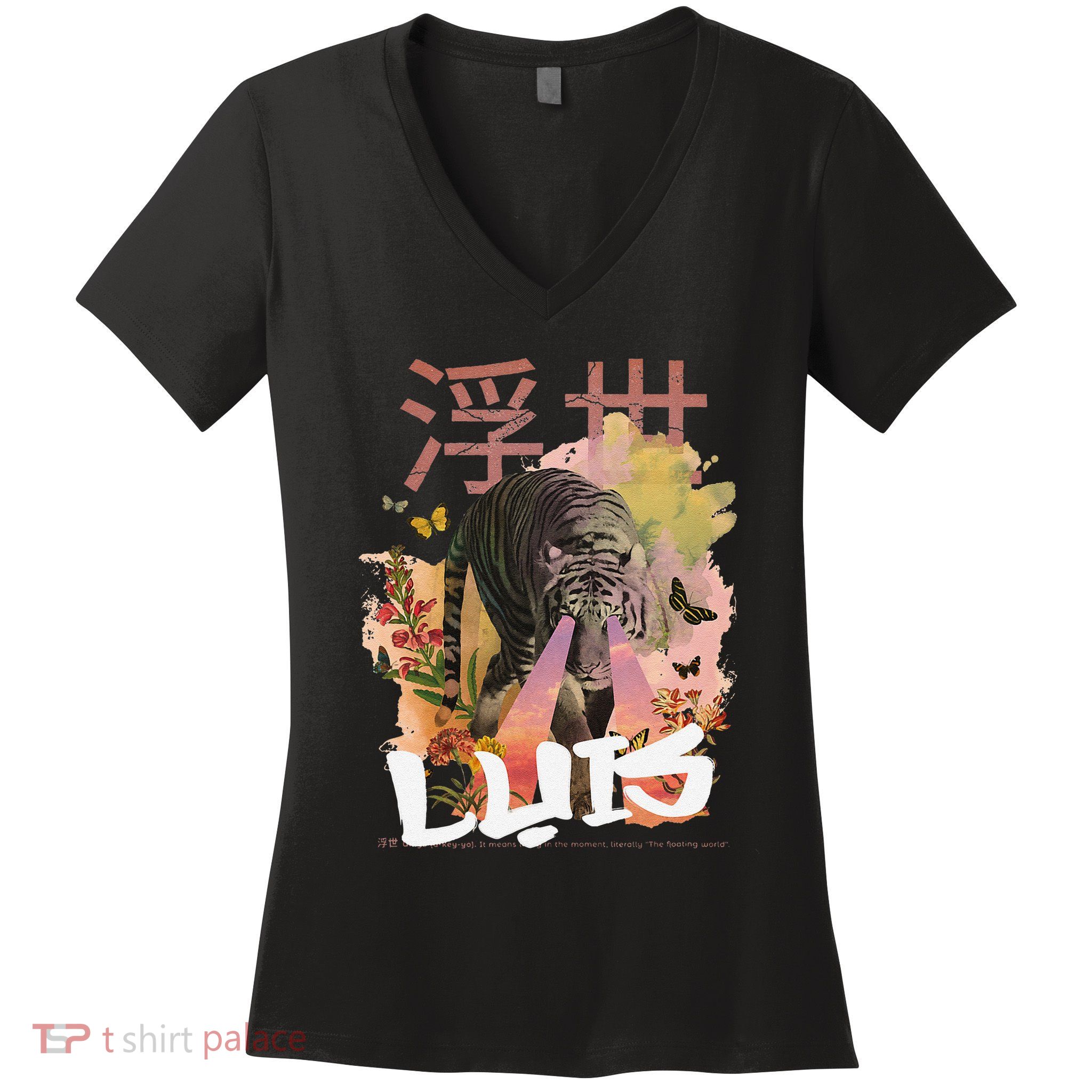 Luis Cute Boy Name With Cool Japanese Tiger & Kanji Women's V-Neck T-Shirt