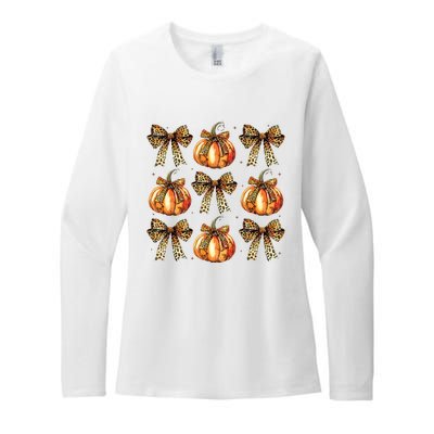 Leopard Coquette Bow Pumpkin Spooky Season Autumn Halloween Womens CVC Long Sleeve Shirt