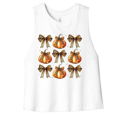 Leopard Coquette Bow Pumpkin Spooky Season Autumn Halloween Women's Racerback Cropped Tank