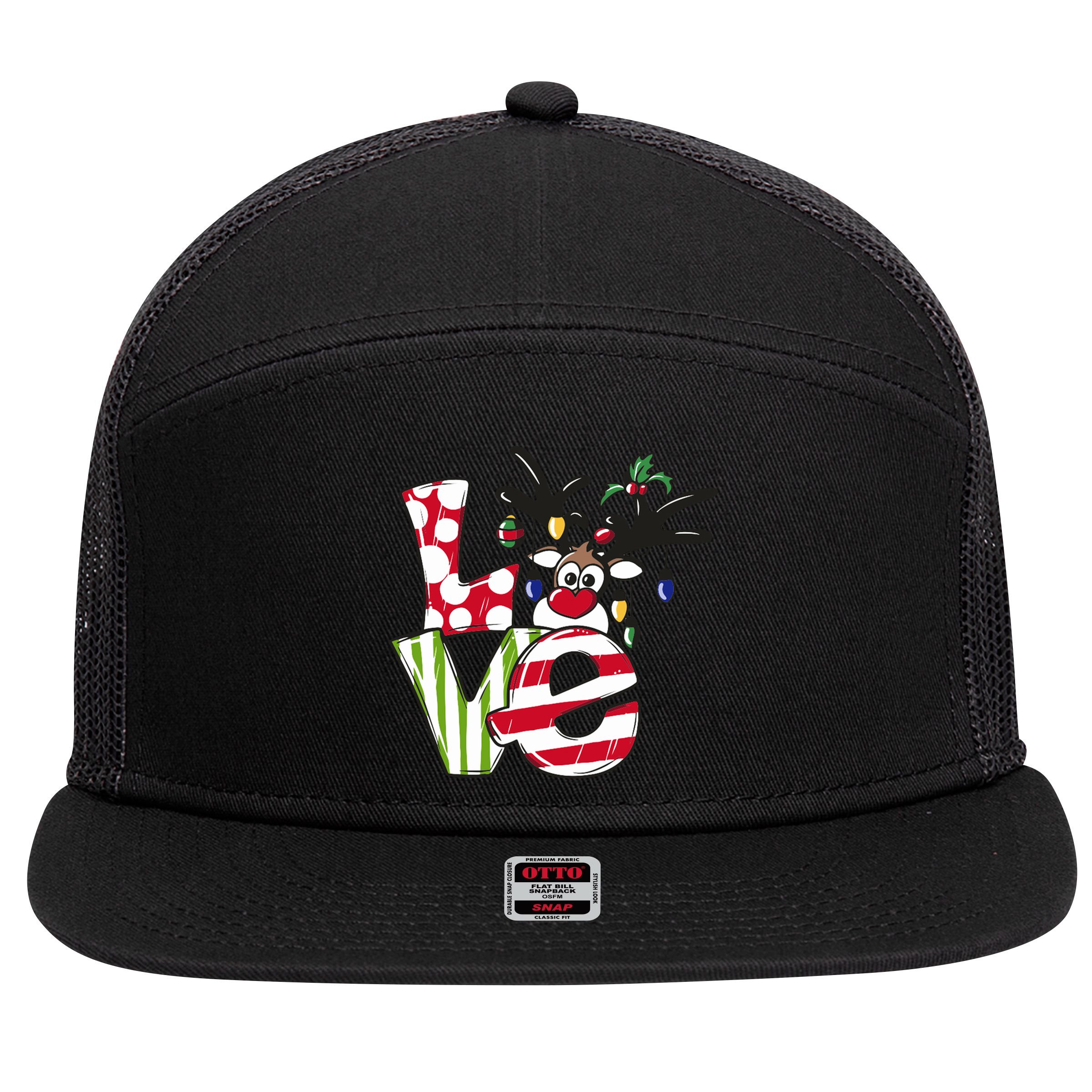 Love Christmas Cute Reindeer 7 Panel Mesh Trucker Snapback Hat