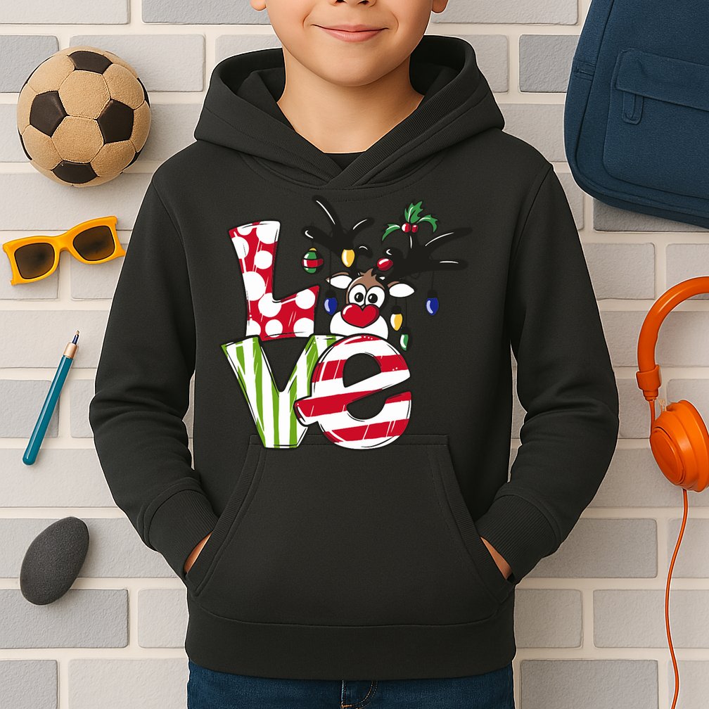 Love Christmas Cute Reindeer Kids Hoodie