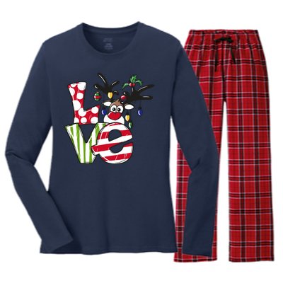 Love Christmas Cute Reindeer Women's Long Sleeve Flannel Pajama Set 