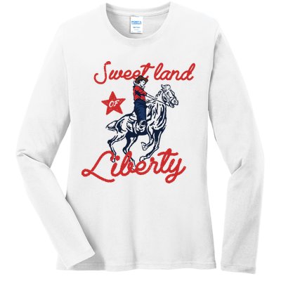 Liberty City Cowboy 4th Of July Sweet Land Liberty Cowboy Ladies Long Sleeve Shirt
