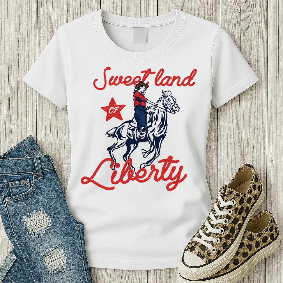 Liberty City Cowboy 4th Of July Sweet Land Liberty Cowboy Womens T-Shirt