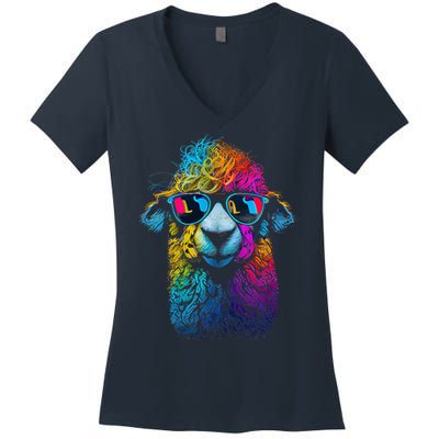 Lama Colorful Cool Alpaca Alpacalover Women's V-Neck T-Shirt