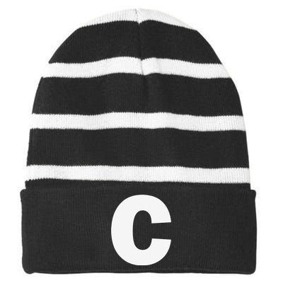 Letter C Capital Alphabet Monogram Initial Striped Beanie with Solid Band