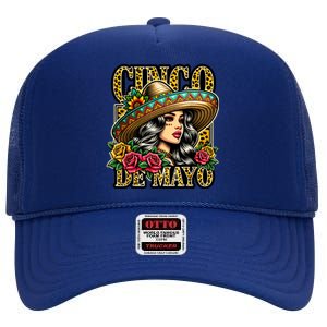 Leopard Cinco De Mayo Girl Mexican Fiesta 5 De Mayo High Crown Mesh Back Trucker Hat