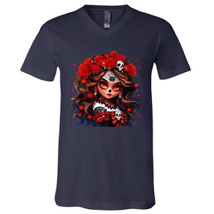 La Catrina Dia De Los Muertos Day Of The Dead Sugar Skull V-Neck T-Shirt