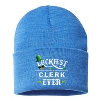 Luckiest Clerk Ever Shamrock Leprechaun Hat St Patrick Day Meaningful Gift Sustainable Knit Beanie