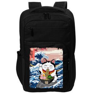 Lucky Cat Eating Ramen Noodles Ocean Waves Japanese Art Impact Tech Backpack