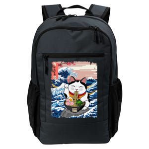 Lucky Cat Eating Ramen Noodles Ocean Waves Japanese Art Daily Commute Backpack