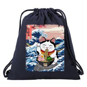 Lucky Cat Eating Ramen Noodles Ocean Waves Japanese Art Drawstring Bag