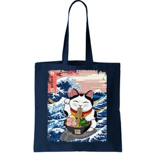 Lucky Cat Eating Ramen Noodles Ocean Waves Japanese Art Tote Bag