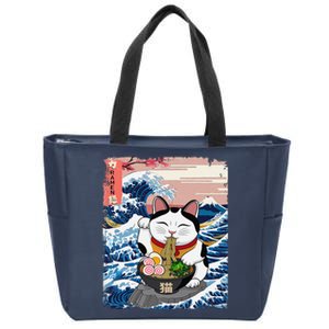 Lucky Cat Eating Ramen Noodles Ocean Waves Japanese Art Zip Tote Bag