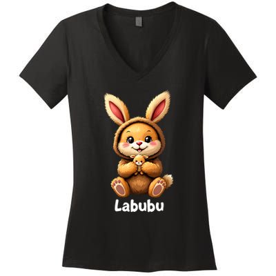 Labubu Cute Funny Monsters Brown Labubu Women's V-Neck T-Shirt