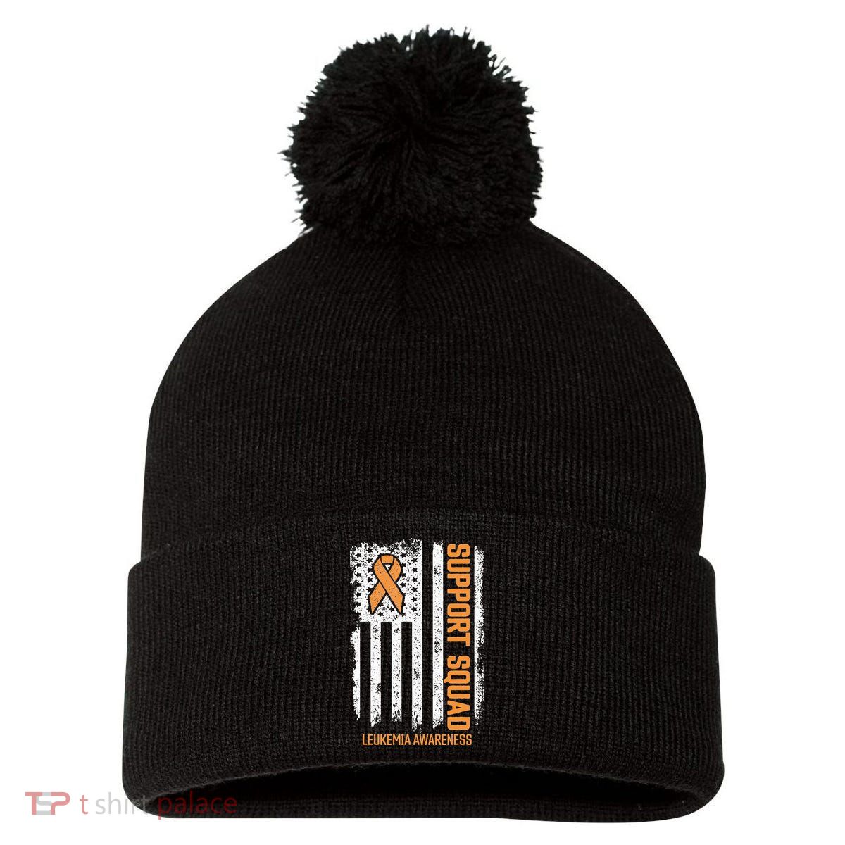 Leukemia Cancer Flag Support Squad Leukemia Cancer Awareness Pom Pom 12in Knit Beanie