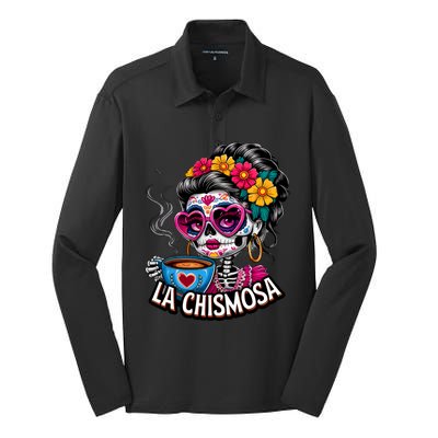 La Chismosa Funny Mexican Chisme Spanish Skeleton Skull Silk Touch Performance Long Sleeve Polo