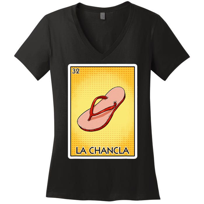 La Chancla Flip Flop Card Mexican Lottery Card La Chancla Women's V-Neck T-Shirt