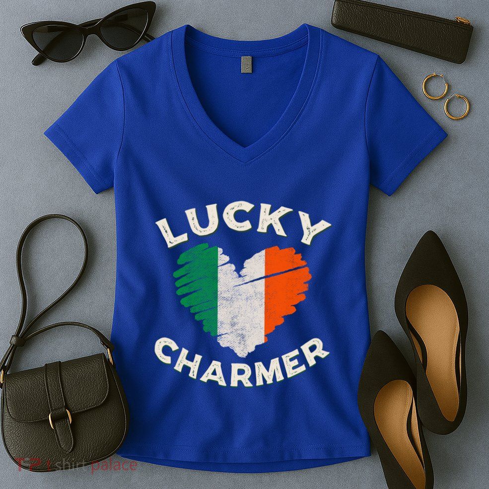 Lucky Charmer Grunge Heart Irish Flag St PatrickS Day Gift Women's V-Neck T-Shirt