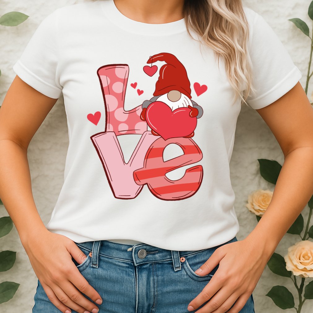 Love Cute Gnome Valentines Day Heart Womens T-Shirt
