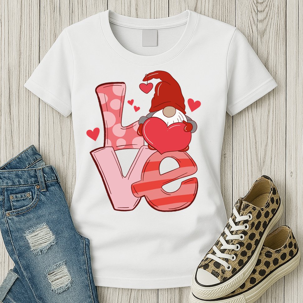 Love Cute Gnome Valentines Day Heart Womens T-Shirt