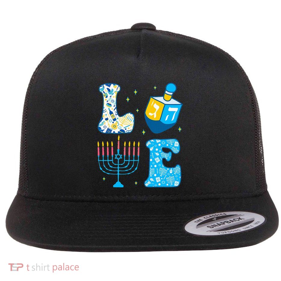 Love Cute Hanukkah Dreidel Menorah Chanukah Jewish Holiday Flat Bill Trucker Hat