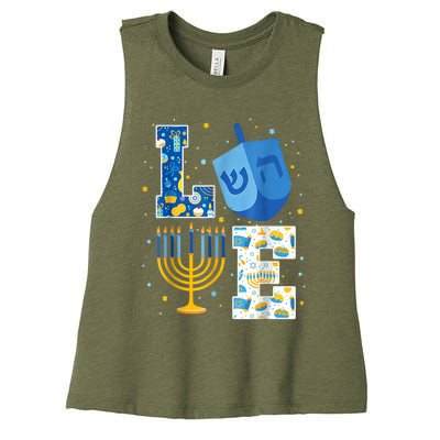 LOVE Cute Hanukkah Decorations Dreidel Menorah Chanukah Women's Racerback Cropped Tank