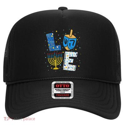 Love Cute Hanukkah Decorations Dreidel Menorah Chanukah High Crown Mesh Back Trucker Hat
