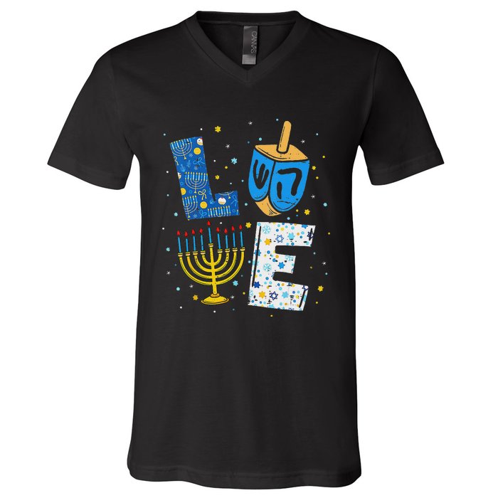 Love Cute Hanukkah Decorations Dreidel Menorah Chanukah V-Neck T-Shirt