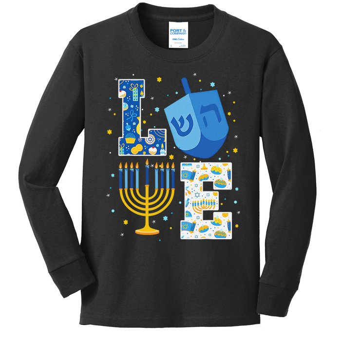 LOVE Cute Hanukkah Decorations Dreidel Menorah Chanukah     Kids Long Sleeve Shirt