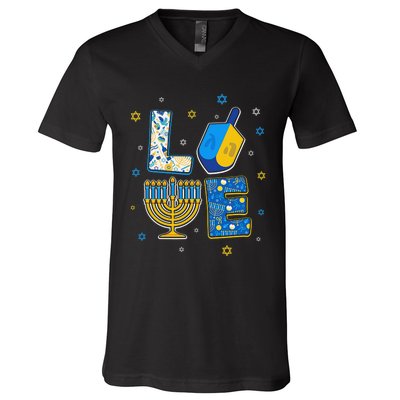 Love Cute Hanukkah Decorations Dreidel Menorah Chanukah  V-Neck T-Shirt