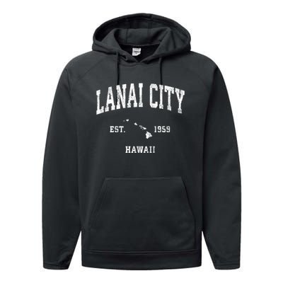 Lanai City Hawaii Hi Vintage Athletic Sports Performance Fleece Hoodie