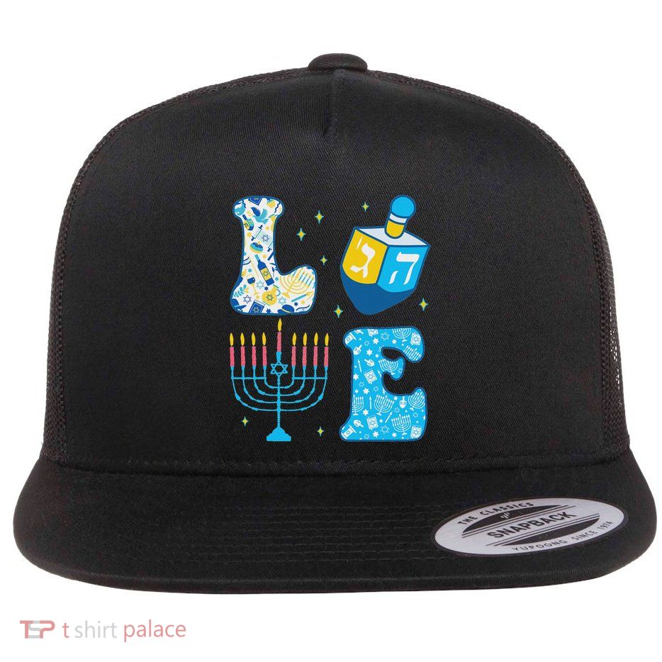 Love Cute Hanukkah Dreidel Menorah Chanukah Jewish Holiday Flat Bill Trucker Hat