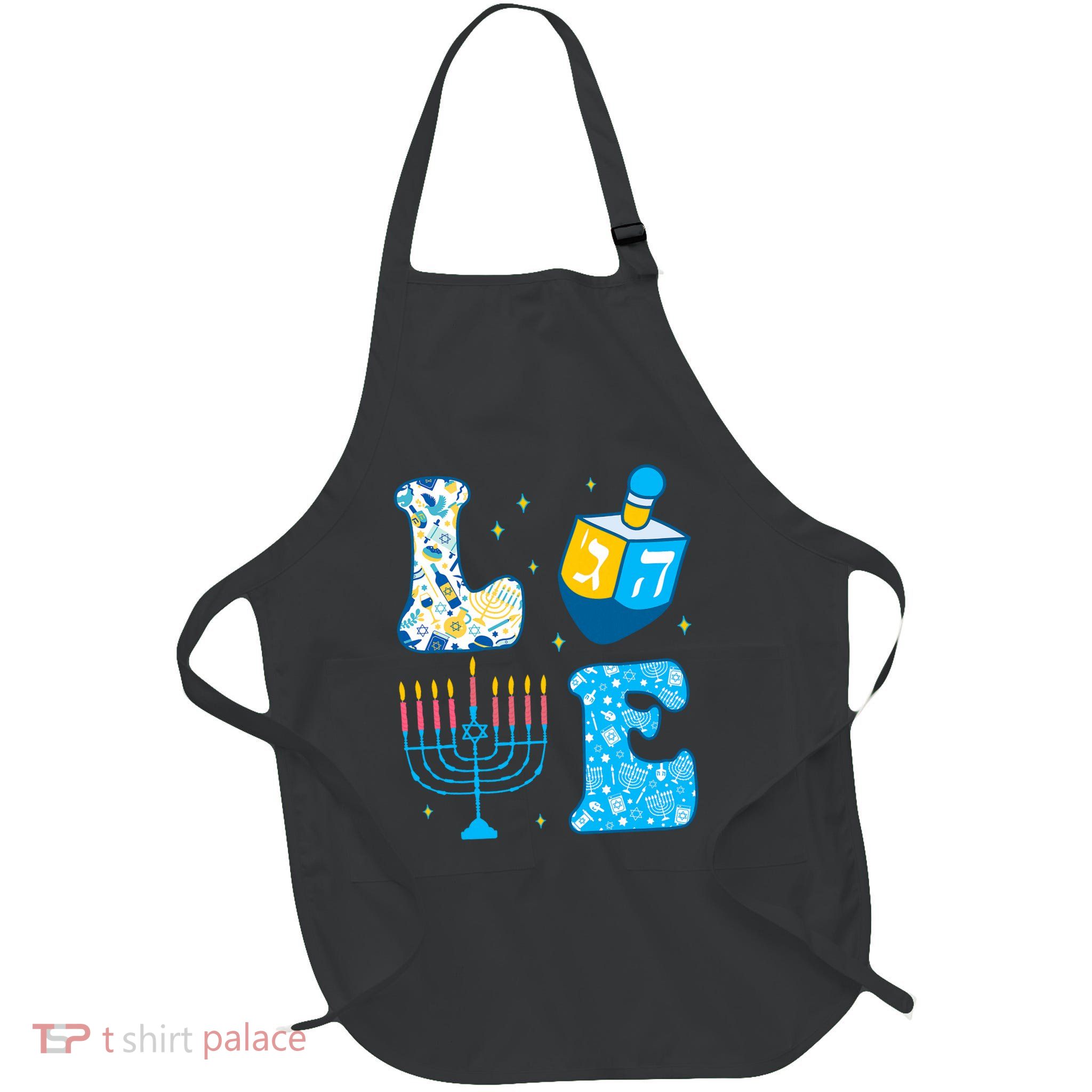 Love Cute Hanukkah Dreidel Menorah Chanukah Jewish Holiday Full-Length Apron With Pockets