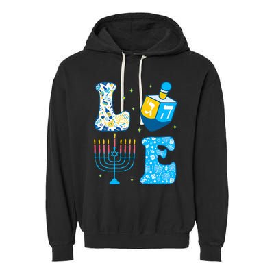 Love Cute Hanukkah Dreidel Menorah Chanukah Jewish Holiday Garment-Dyed Fleece Hoodie