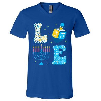 Love Cute Hanukkah Dreidel Menorah Chanukah Jewish Holiday V-Neck T-Shirt