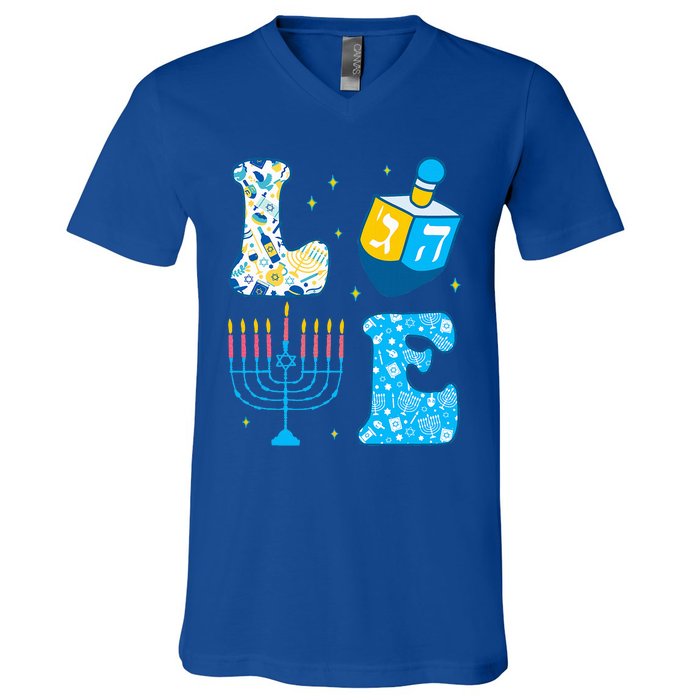 Love Cute Hanukkah Dreidel Menorah Chanukah Jewish Holiday V-Neck T-Shirt