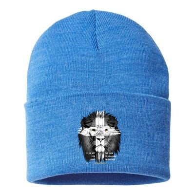 Lion Cross Jesus Christian Lord God Believer Gift Sustainable Knit Beanie