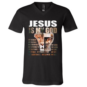 Lion Christian Jesus Is My God Lord King Savior Good Friday V-Neck T-Shirt