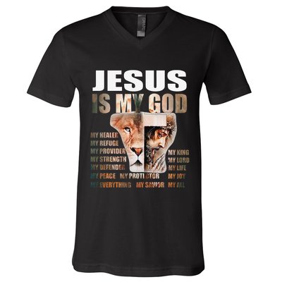 Lion Christian Jesus Is My God Lord King Savior Good Friday V-Neck T-Shirt