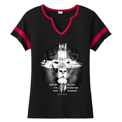 Lion Cross Jesus Christian Lord God Believer Gift Ladies Halftime Notch Neck Tee