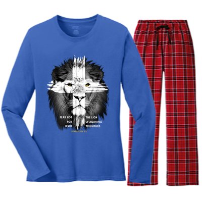 Lion Cross Jesus Christian Lord God Believer Gift Women's Long Sleeve Flannel Pajama Set 