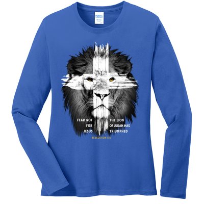 Lion Cross Jesus Christian Lord God Believer Gift Ladies Long Sleeve Shirt