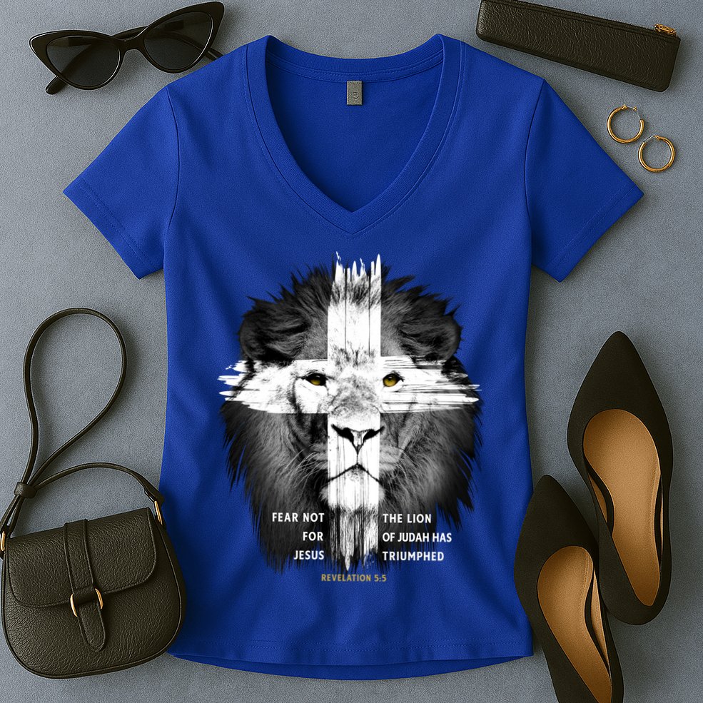 Lion Cross Jesus Christian Lord God Believer Gift Women's V-Neck T-Shirt