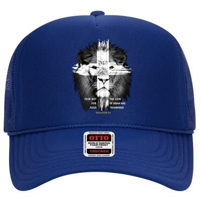 Lion Cross Jesus Christian Lord God Believer Gift High Crown Mesh Back Trucker Hat