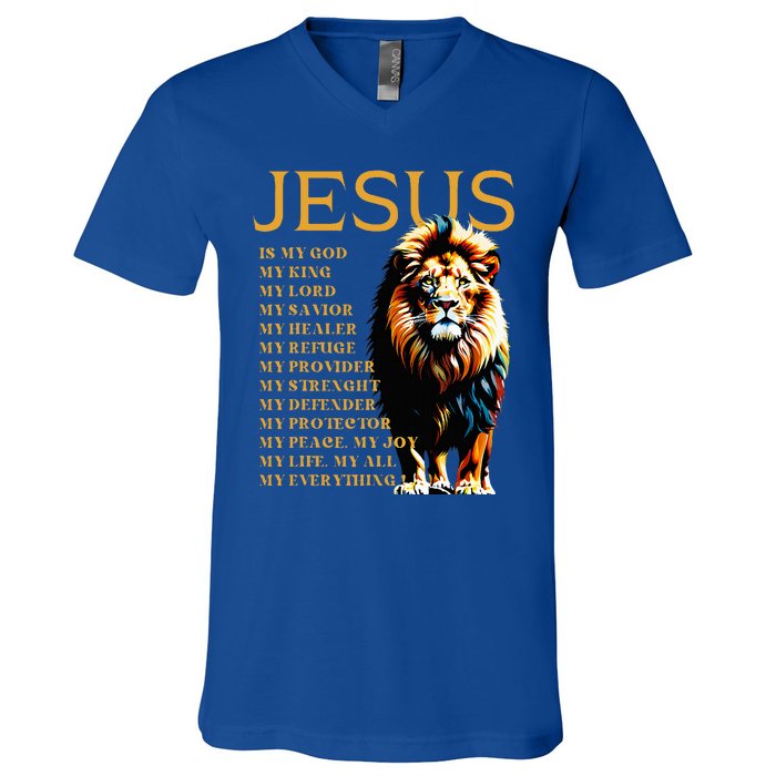 Lion Christian Jesus Is My God King Lord And Savior V-Neck T-Shirt