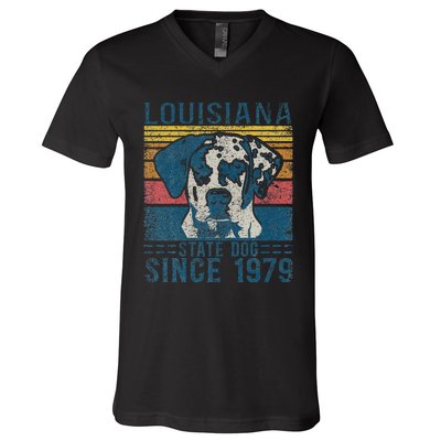 Louisiana Catahoula Leopard Dog Us State Dog Fan Lover Retro V-Neck T-Shirt