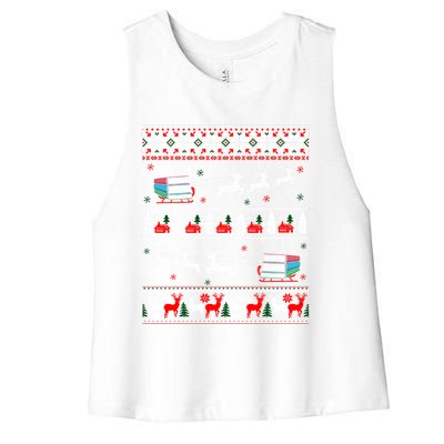 Librarian Christmas Library Book Reader Ugly Xmas Sweater Gift Women's Racerback Cropped Tank