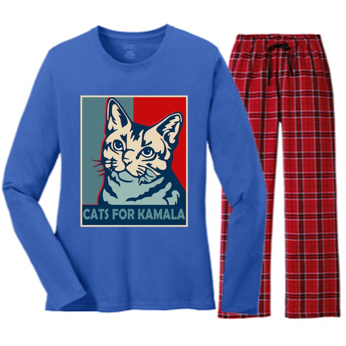 Less Cat Lady Is Voting Kamala Harris President 2024 Cool Gift Women's Long Sleeve Flannel Pajama Set 